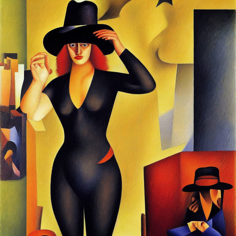 Vibrant cubist portrait of a woman in black suit and hat with second figure in background.