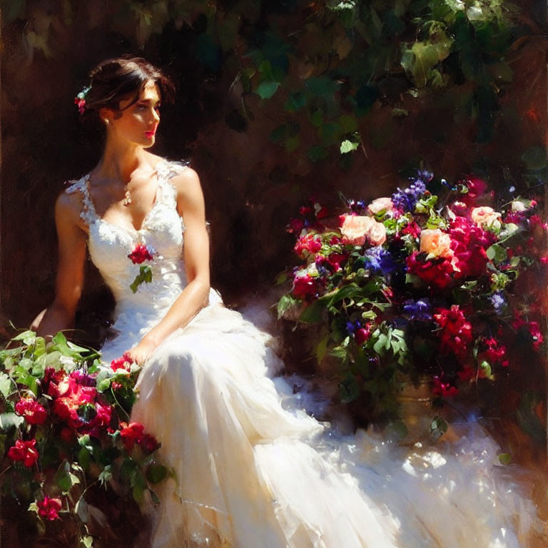 Bride in white gown with bouquet in sunlight