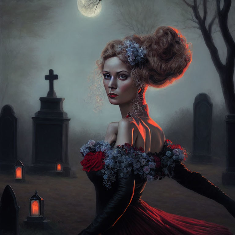 Gothic woman with flamboyant hair in misty graveyard under full moon