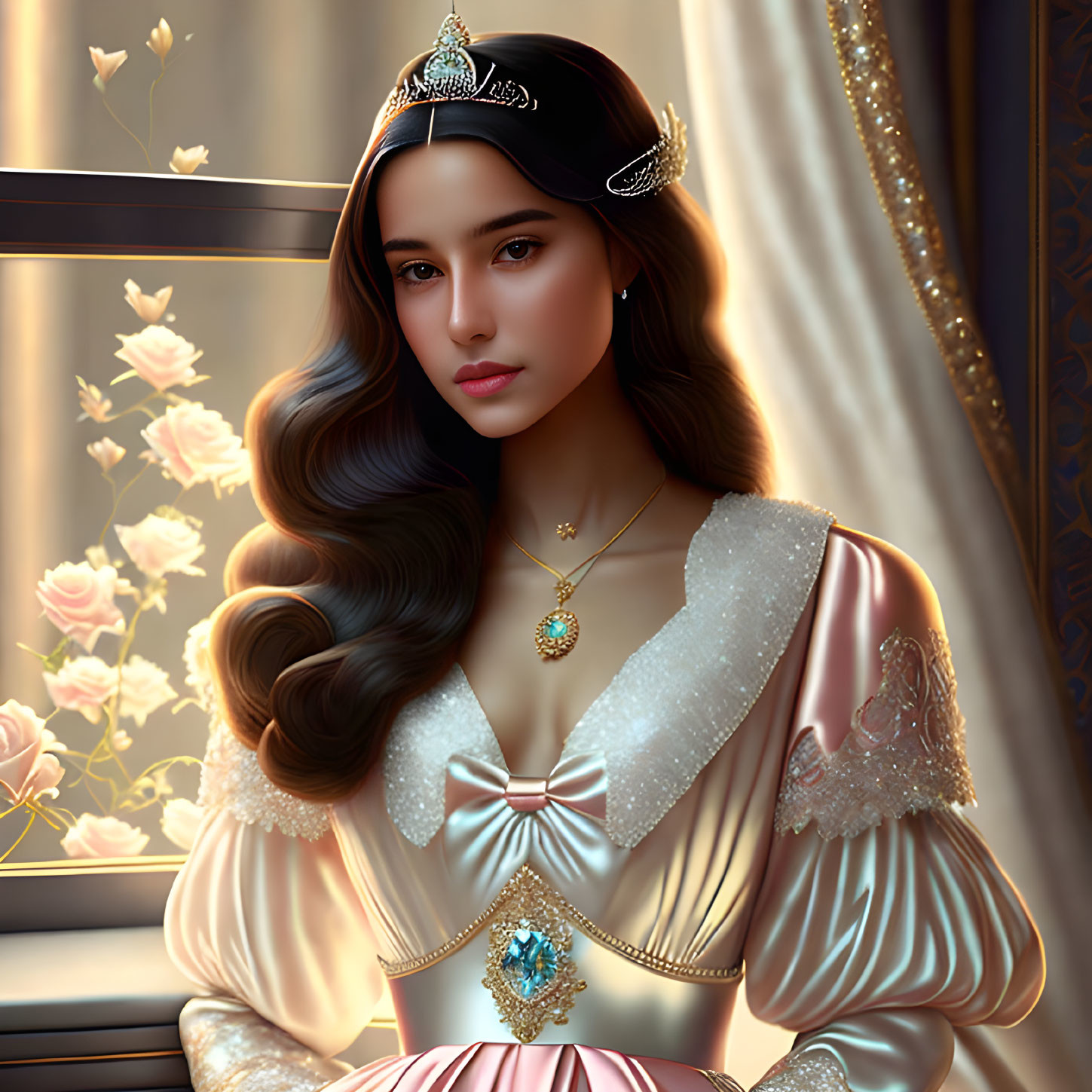 Illustrated Woman with Wavy Hair and Jeweled Headband in Golden Dress by Window with Roses
