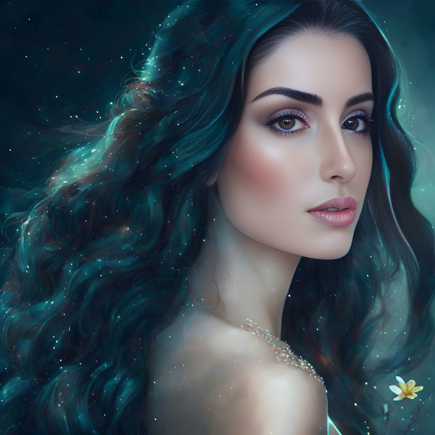 Portrait of woman with flowing teal hair against starry background & floral accent