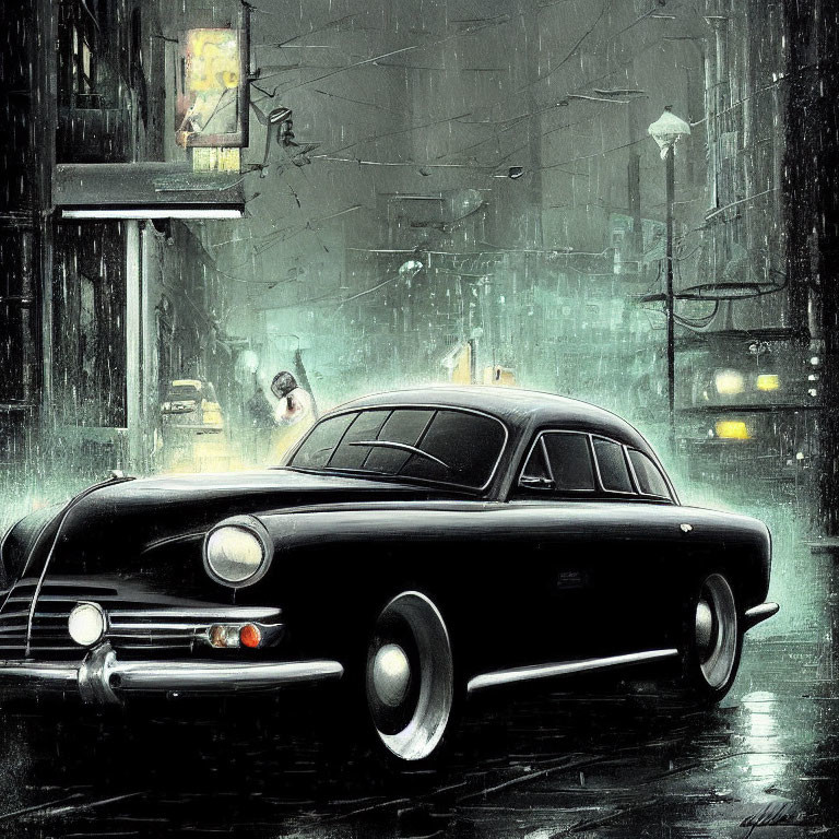 Vintage Black Car Parked on Rainy City Street at Night
