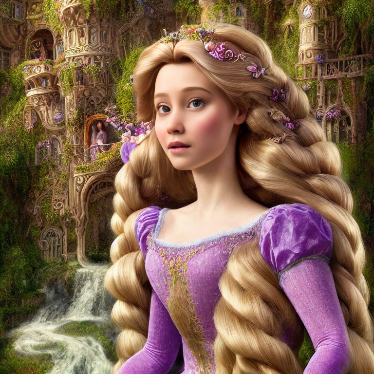 Digital portrait of young woman with braided blonde hair in purple medieval dress and floral crown, set against