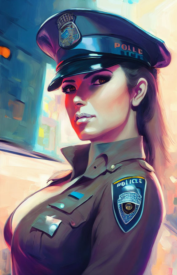 Vibrant digital artwork: Woman in stylized police uniform