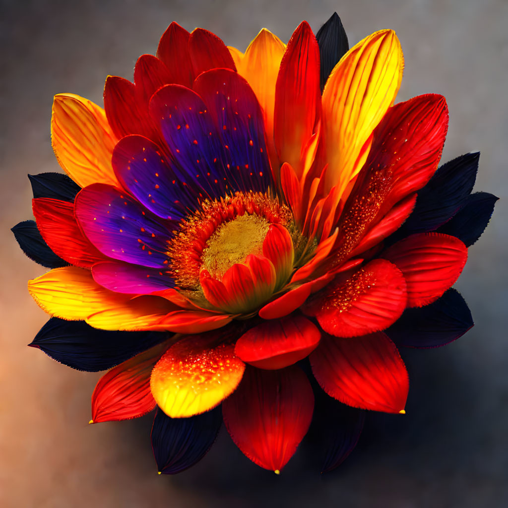 Colorful Flower with Red, Orange, Yellow, and Blue Petals on Smoky Background