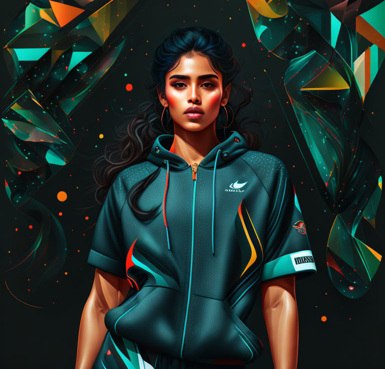 Digital art portrait: Woman in sporty hoodie on abstract geometric background