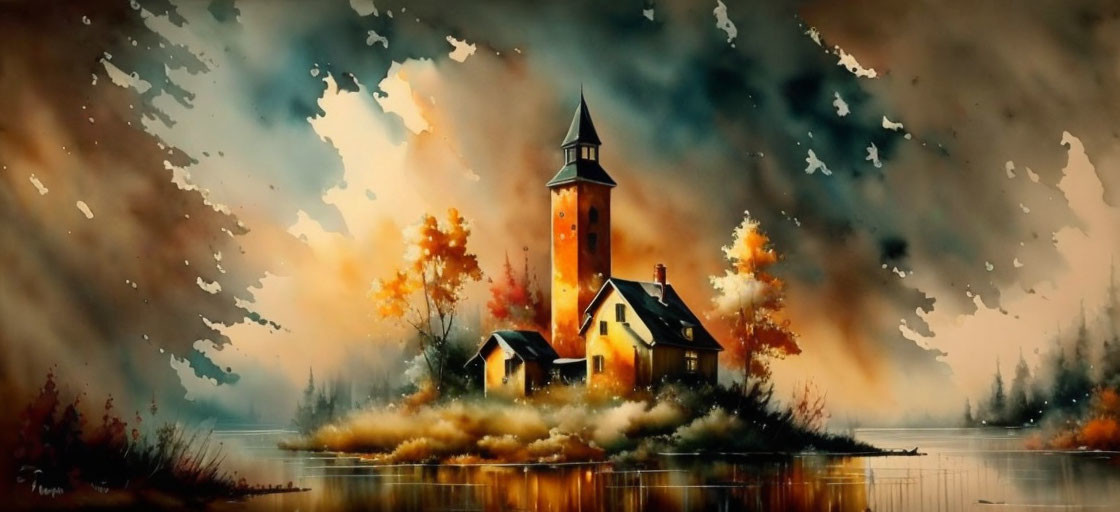 Autumn church and house scene with lake reflection under dramatic sky