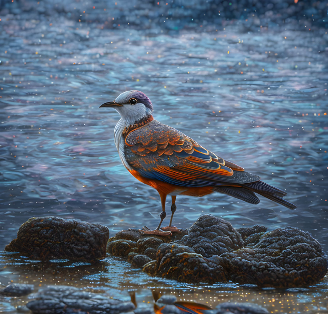 Colorful Bird with Intricate Feathers on Rocky Shore