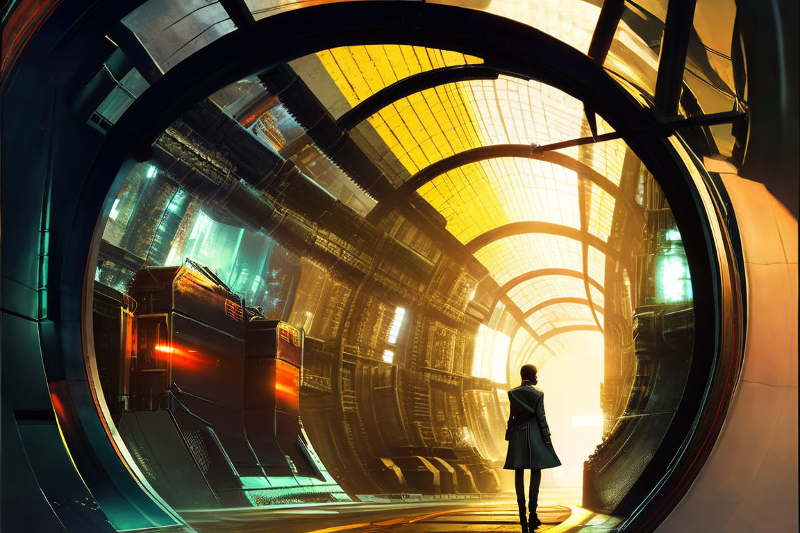Futuristic circular doorway overlooking illuminated sci-fi corridor