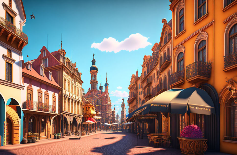 Colorful European street scene with cobblestone road, sidewalk cafes, and towering spire.