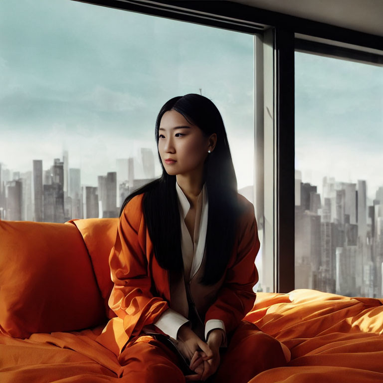 Woman in orange blazer gazes out window at city skyline from orange bed