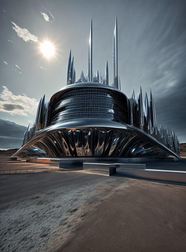 Futuristic metallic spires under dramatic sky