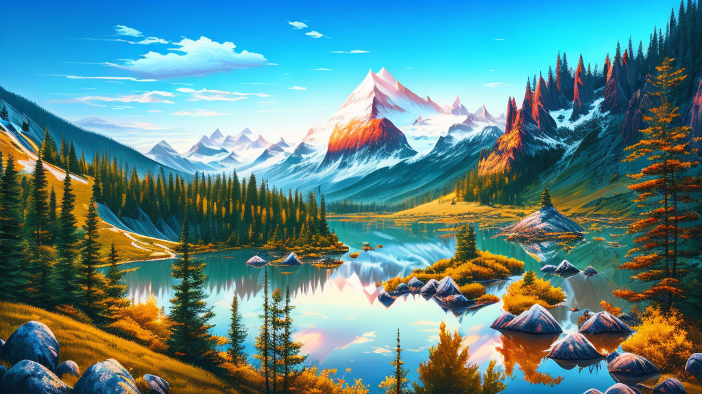 Scenic mountain landscape with autumn trees and lake.