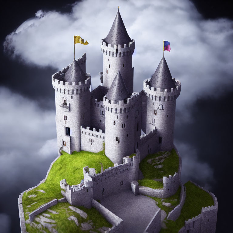 Detailed miniature castle on grassy mound with flags, surreal cloudy background