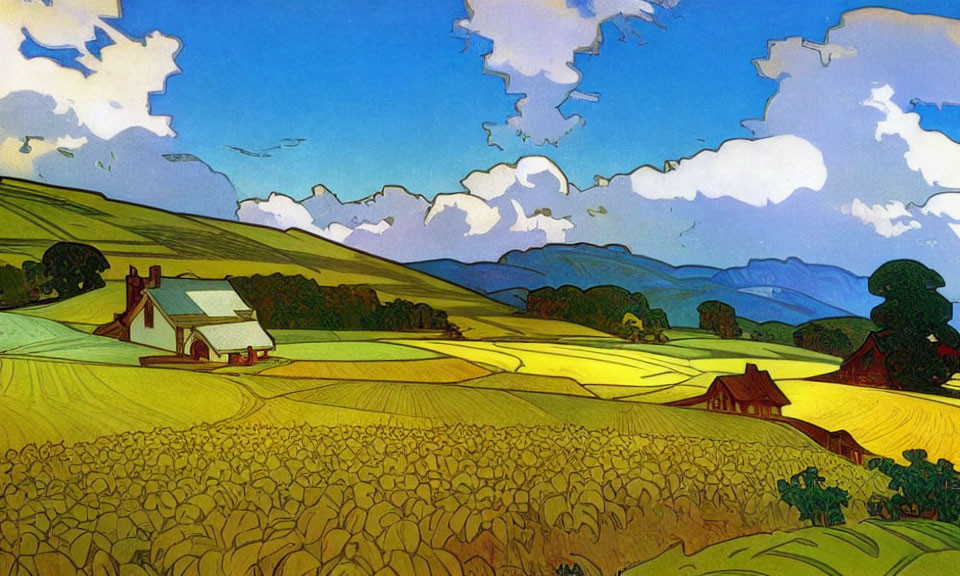 Stylized rural landscape with rolling hills and farmhouses