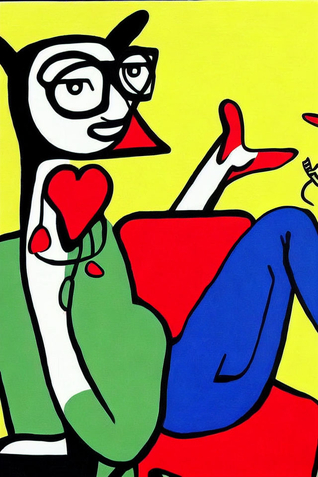 Abstract art style image: Stylized figure with glasses holding a red heart, seated crossed-legged