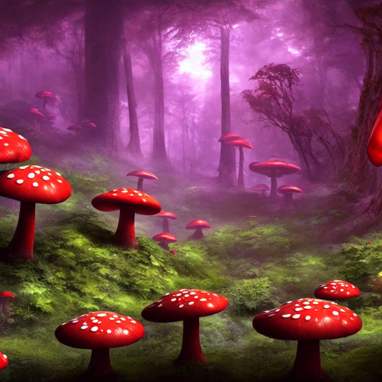 Vibrant red mushrooms in mystical forest with purple fog and pink light