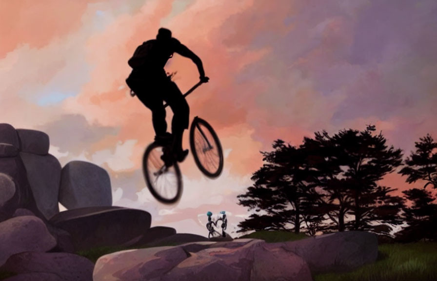 Silhouetted cyclist jumping at dusk with onlookers in nature