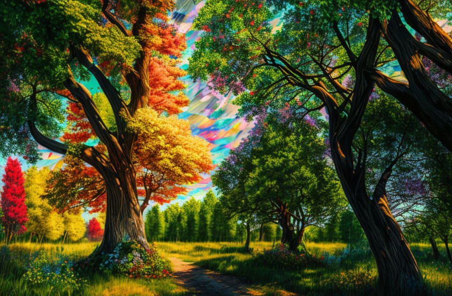 Colorful Forest Pathway with Lush Trees and Kaleidoscopic Sky