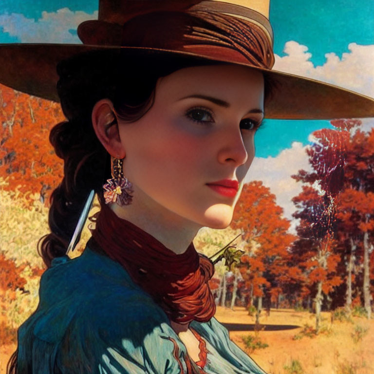 Woman in wide-brimmed hat and blue top stands by autumn trees