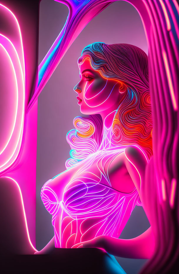 Vibrant pink and purple 3D artwork with neon contour lighting