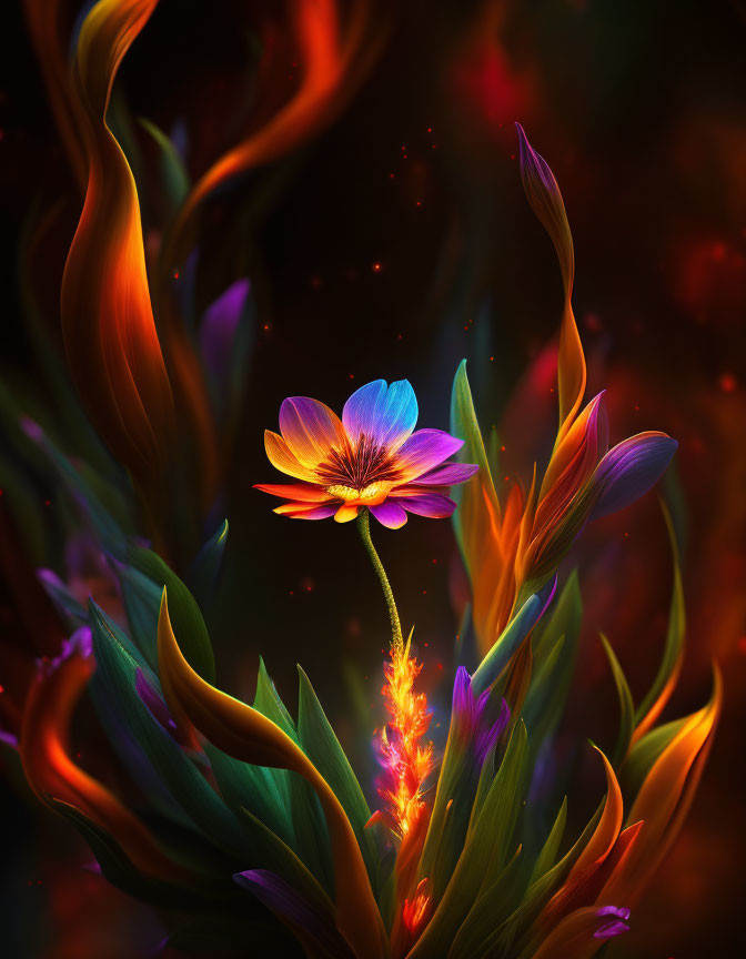 Colorful Flower Surrounded by Fiery Leaves on Dark Background