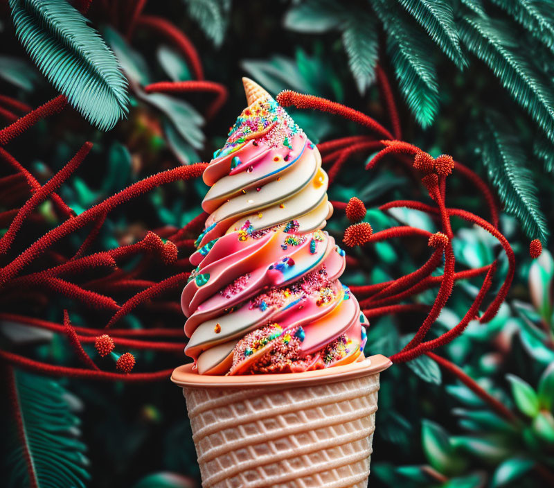Colorful Swirled Soft Serve Ice Cream Cone with Sprinkles and Vibrant Plant Background