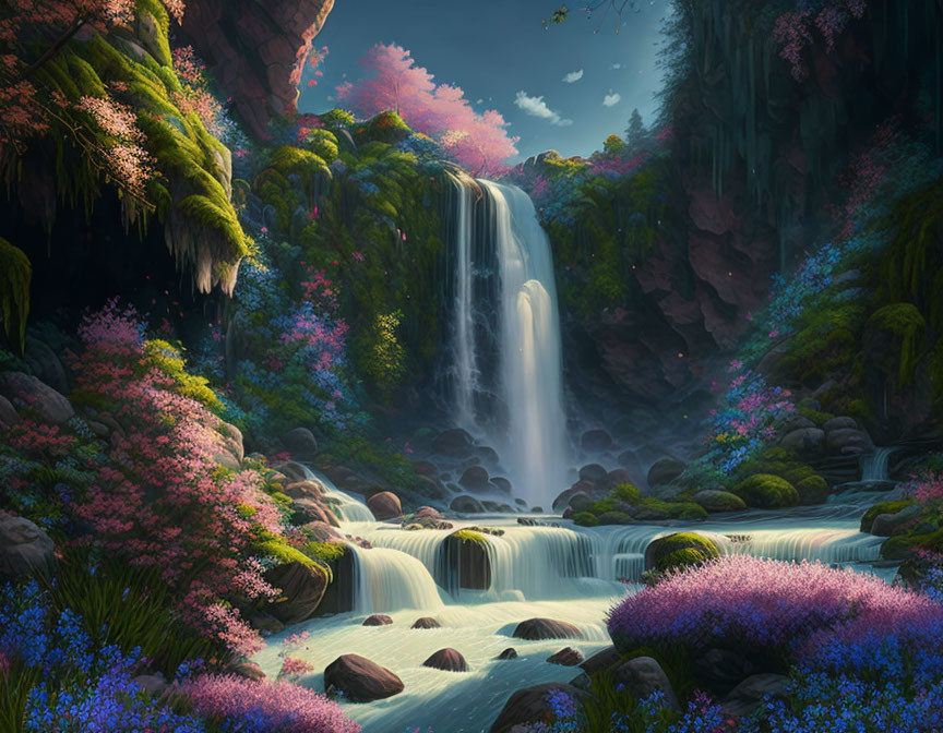 Tranquil waterfall in lush forest with pink blossoms