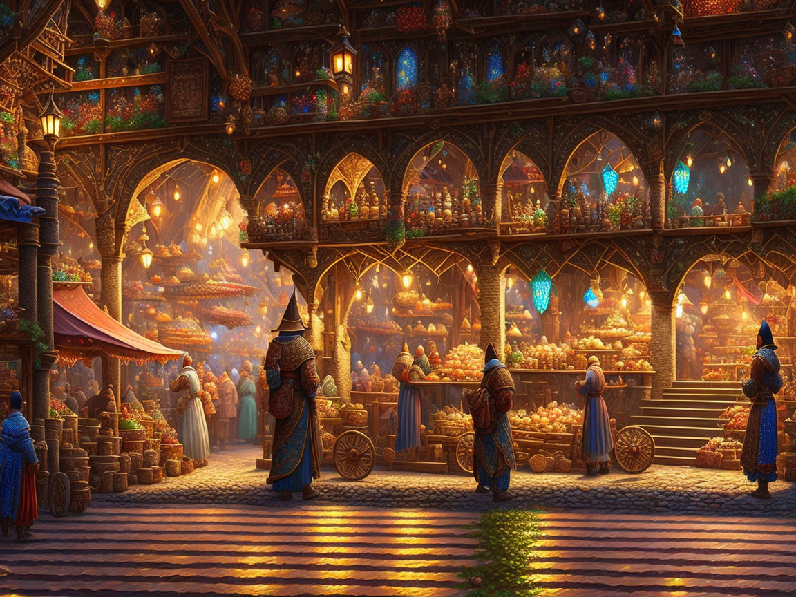 Medieval market scene with colorful stalls and townsfolk shopping at twilight