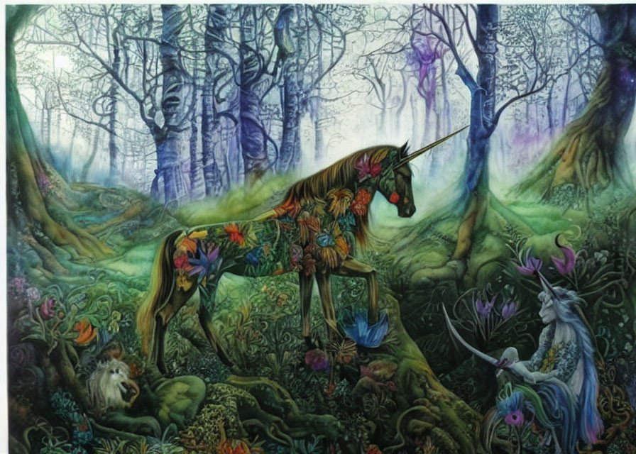 Colorful Floral Unicorn Painting in Enchanted Forest with Fairies and Lion