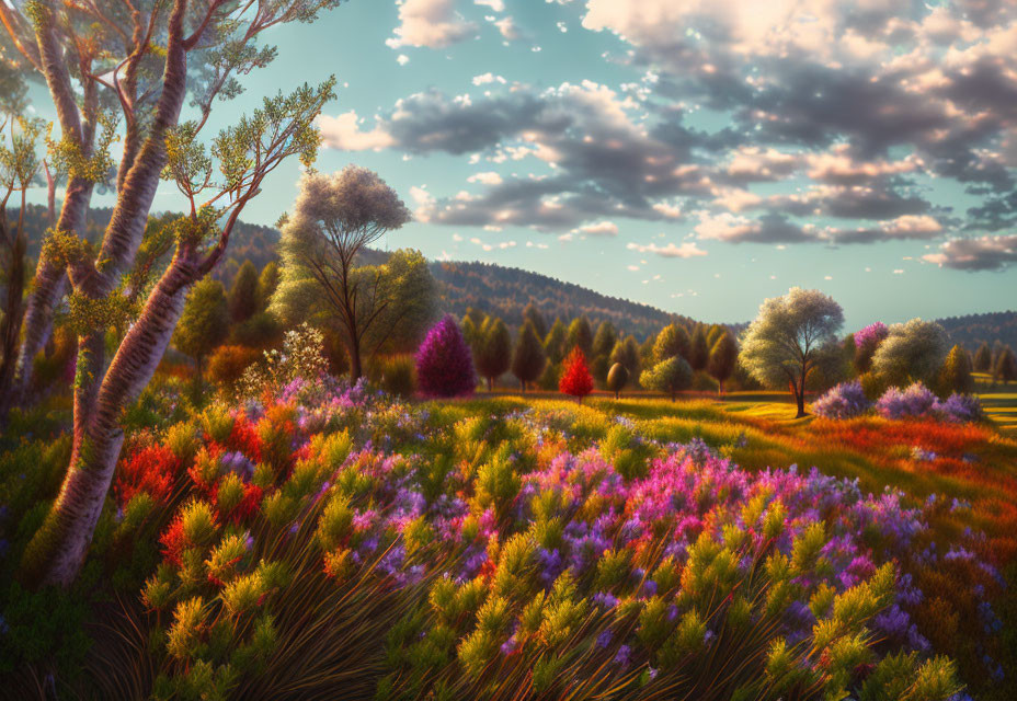 Colorful Flower Meadow at Sunset with Trees and Hills