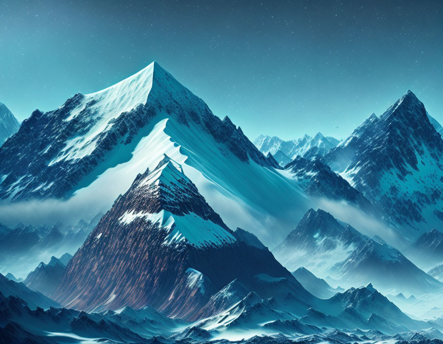 Snow-capped mountains under starry night sky in serene digital art