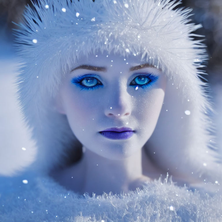 Person with Striking Blue Eyes in White Furry Outfit in Snowy Setting