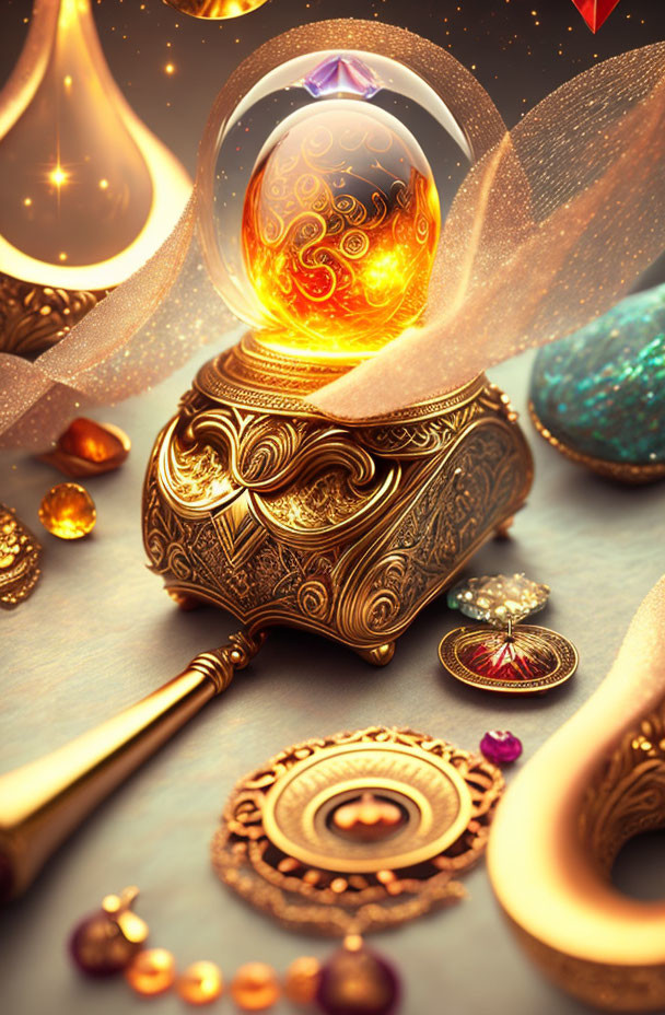Mystical image of glowing orb on golden stand with magical items