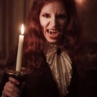 Red-haired spooky figure with sharp teeth holding a candle in dark, eerie setting