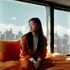 Woman in orange blazer gazes out window at city skyline from orange bed