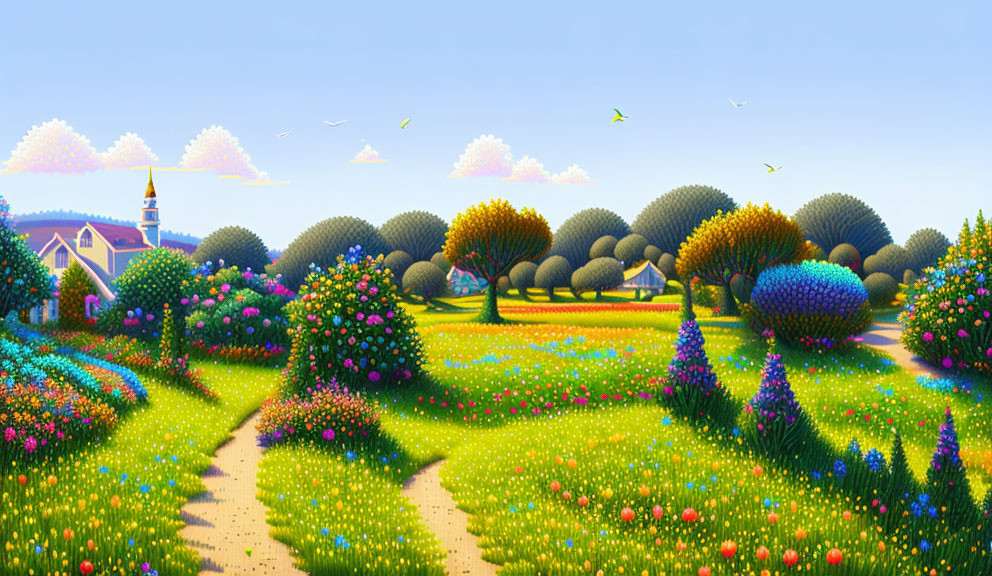 Vibrant landscape with blooming trees and winding paths