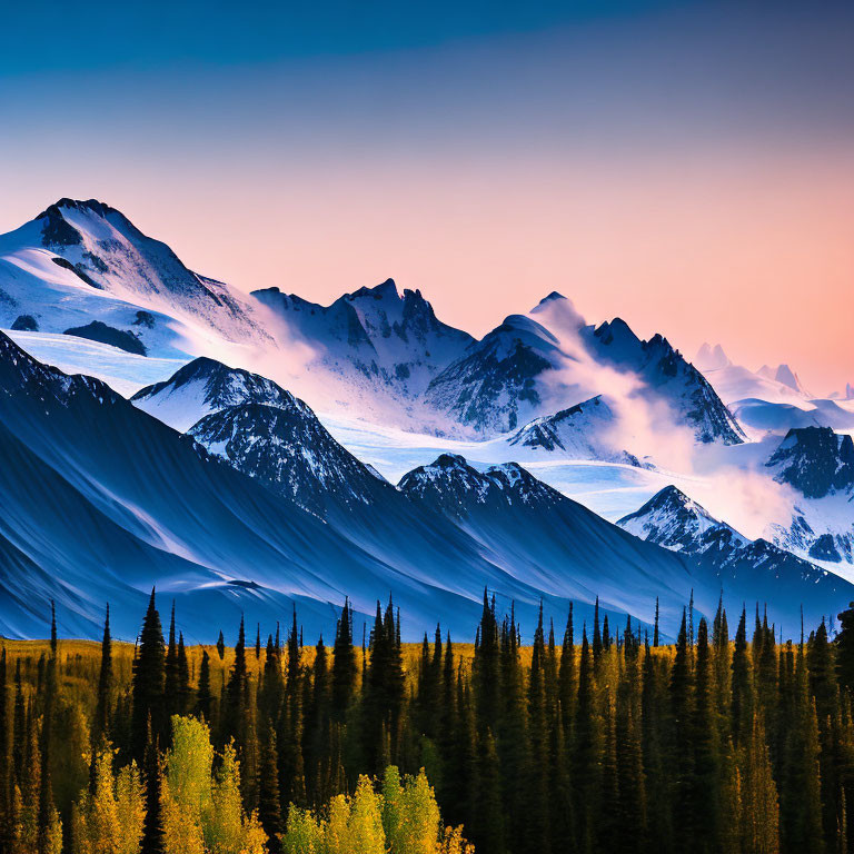 Snow-capped mountains at sunrise with pine forests and gradient sky