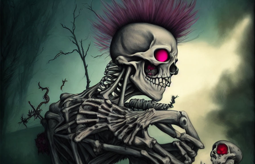 Skeletal figure with punk hairstyle and glowing pink eye holding skull in dark, creepy background