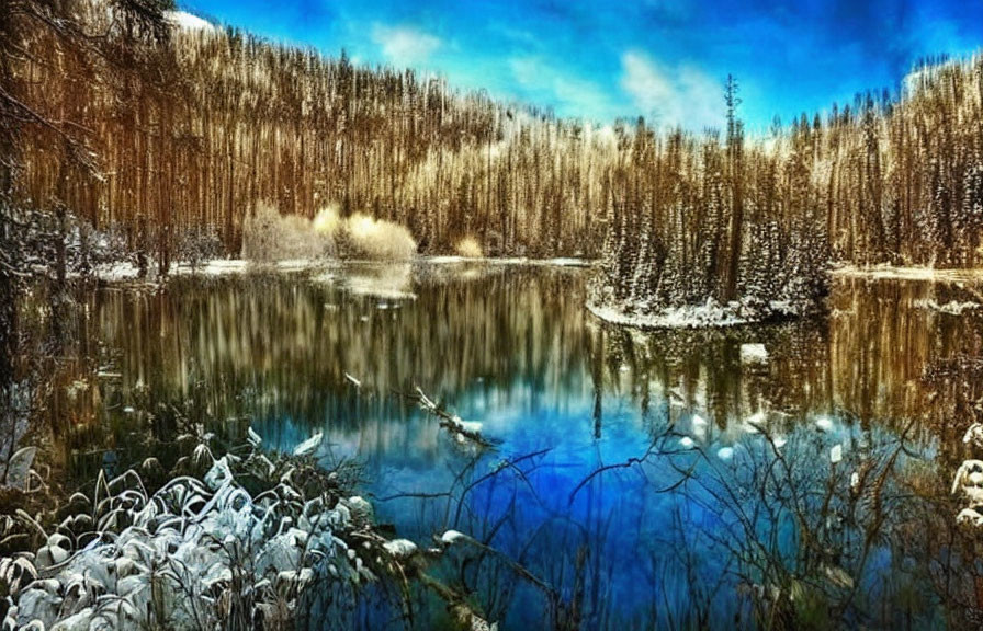 Snow-covered trees and reflective lake in serene winter landscape