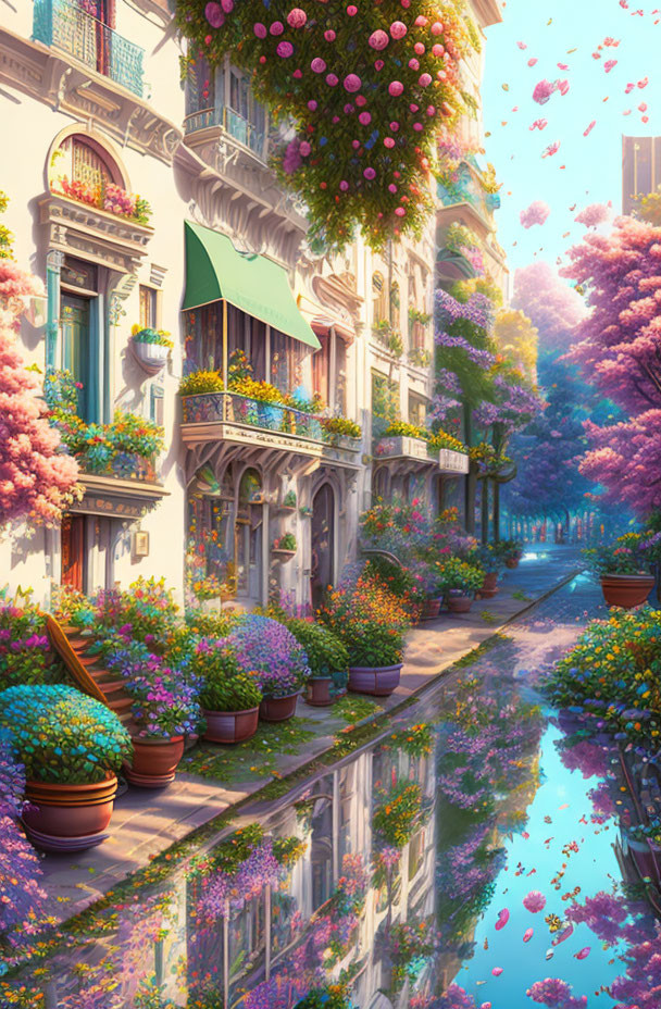 Colorful illustration of idyllic street with blossoming trees and canal.
