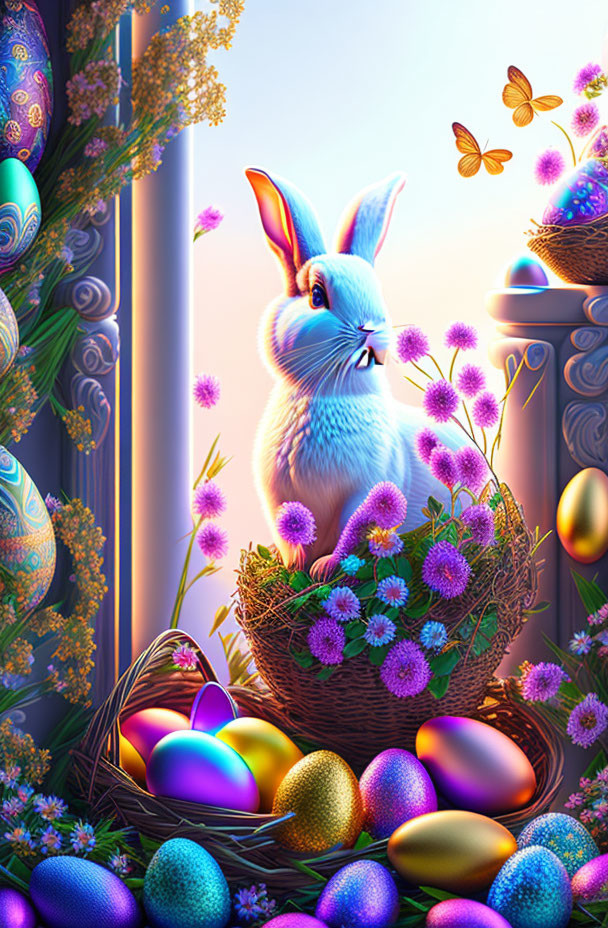 Blue rabbit in nest with Easter eggs, flowers, and butterflies on magical background