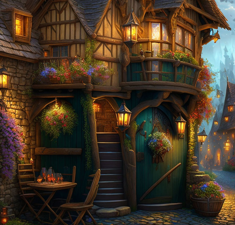 Cozy two-story medieval cottage with balcony gardens and lantern-lit street