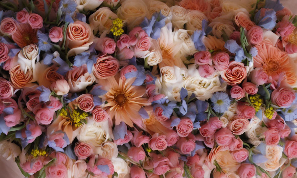 Pastel-Colored Flower Arrangement in Pink, Peach, and Blue