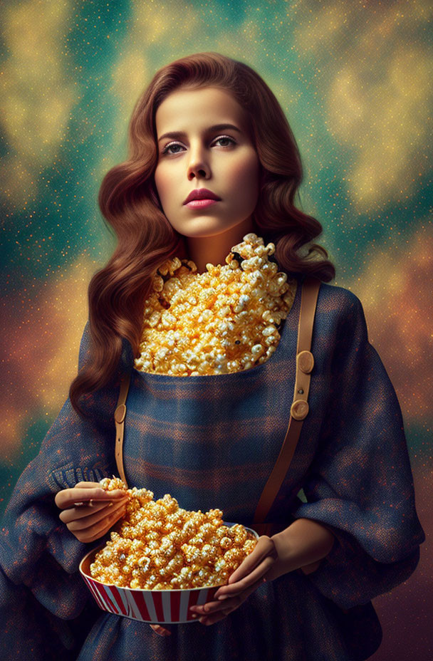 Woman with wavy hair in plaid dress holds popcorn box as necklace
