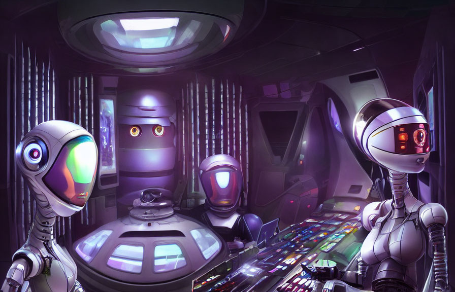 Futuristic robots with expressive eyes in high-tech spaceship cockpit