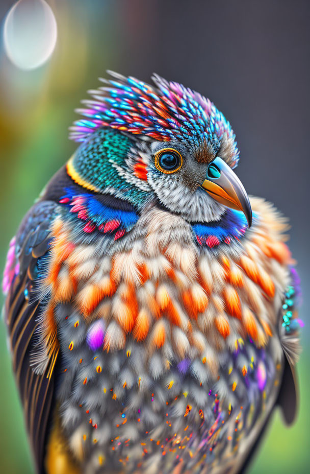 Vibrantly colored bird with blue, orange, and purple iridescent feathers