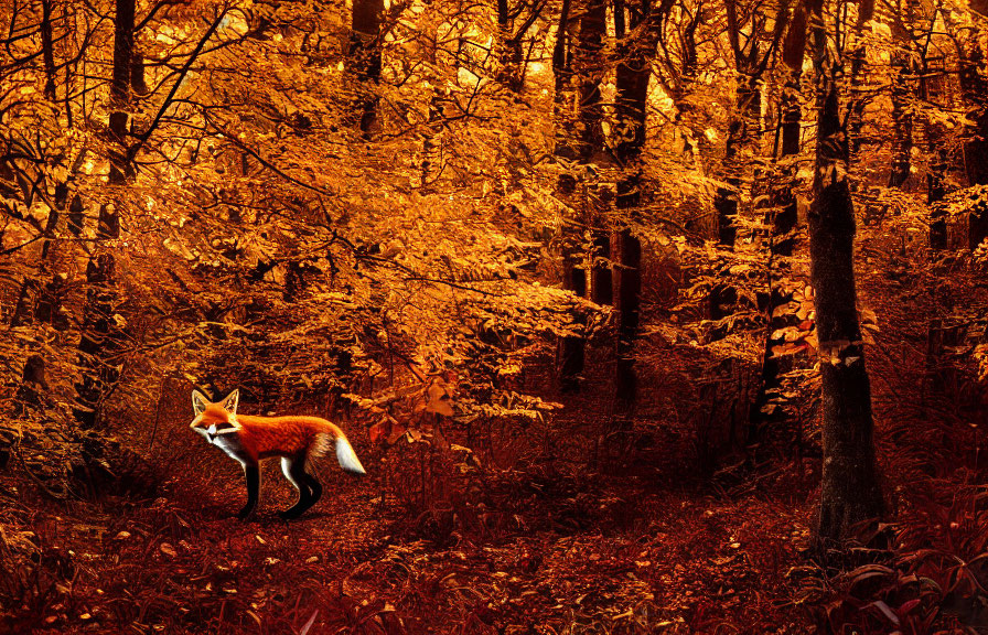 Red Fox in Autumnal Forest with Golden Leaves