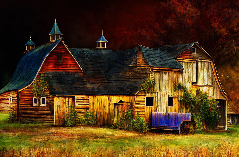 Rustic barn with red panels in autumn setting with blue cart