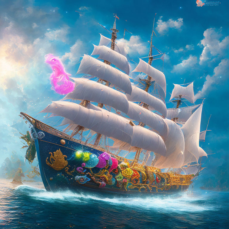 Fantasy-style tall ship sailing on the sea with colorful hull